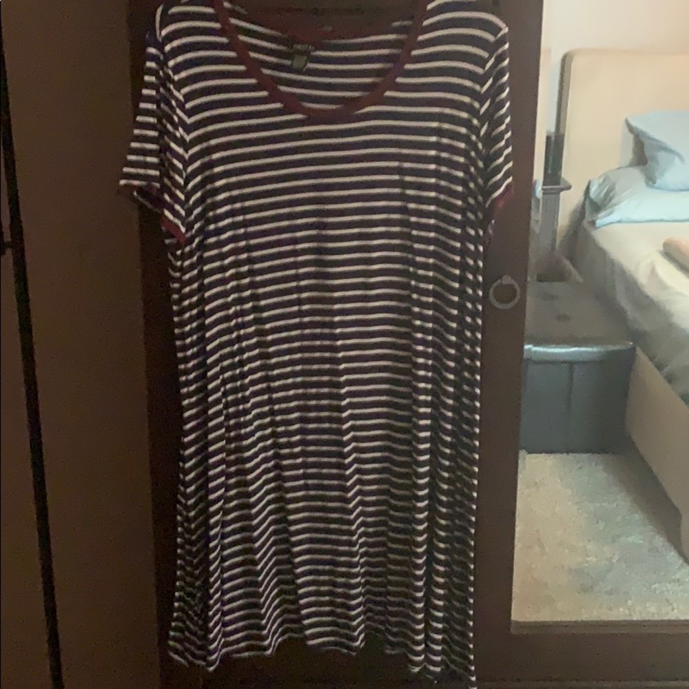 Navy blue /white striped dress w/ maroon accents.